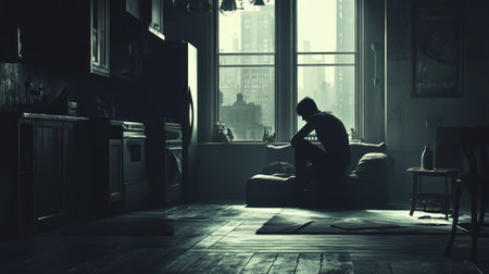 Minimalist interior of a modern apartment with an open kitchen and living room, a grey wooden floor, and a black wall. A sofa is placed near a window with a city view. --chaos 30 --ar 16:9 --v 6.1 Job ID: 7001eddd-49a0-489f-8caf-52dcd092d948の素材