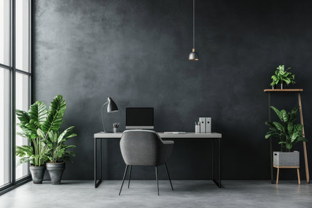 Minimalist interior design of a modern home office with dark gray walls, a white ceiling, and a concrete floor. The furniture includes a desk, sofa chairs, and table lamps. The view from the entrance leads to an open space for working or meeting. --ar 3:2 --v 6.1 Job ID: 6ffd0ba7-9ed8-4eb8-9522-3e2d7b879fd6の素材
