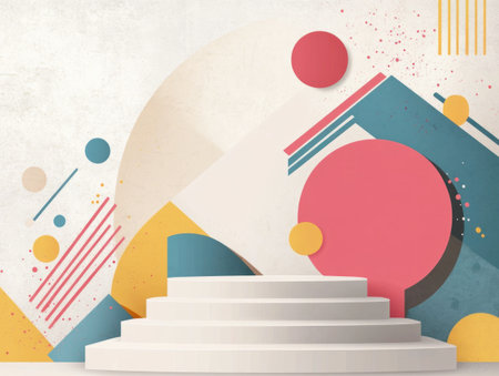Abstract geometric shapes in pink, yellow, and blue, set against a clean background with a white podium for product display presentation. --ar 4:3 --v 6.1 Job ID: 230e7c94-7194-4a28-b3eb-844b5a12a30bの素材