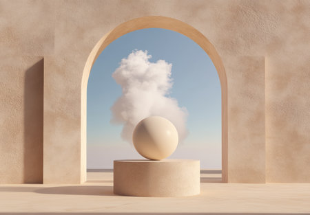 A podium with a large round sphere in the center, a beige background, and a cloud of smoke on top of it. An arch at one end of the wall, behind which is a sky-blue sky. A geometric shape, a flat front view, a 3D rendering. --ar 22:15 --v 6.1 Job ID: e8cfcaf0-b27b-444a-8999-0c7bbd50a0a9の素材