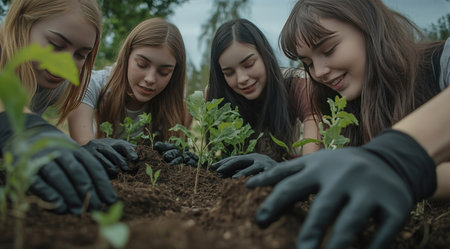 A group of young women planting trees together, their hands in the soil with black gloves, green plants growing out from their hands, smiling faces looking down at the plantings, a natural background with a green, blurred landscape, natural lighting, high-resolution photography, a high-quality photo shoot, and high detail. --ar 128:71 --v 6.1 Job ID: dddab305-41b1-4e23-bbad-639d420d3450の素材