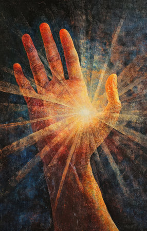 A hand with light beams emanating from it, against a spiritual background. --ar 19:30 --v 6.1 Job ID: 1fd08d5d-9f0e-40ee-9538-7c0466d6143eの素材
