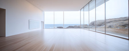 A large, empty room with a light wooden floor, white walls, and panoramic windows overlooking the sea. The space is clean and minimalist, ideal for showcasing products or art. There is no furniture in sight, focusing on the beauty of the natural landscape outside. --ar 5:2 --v 6.1 Job ID: 77b7fa13-72e6-41e1-9ac5-e25d524a7b3eの素材