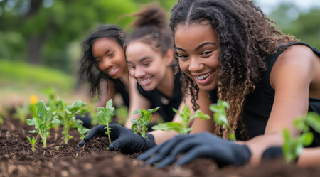A group of young women planting trees together, their hands in the soil with black gloves, green plants growing out from their hands, smiling faces looking down at the plantings, a natural background with a green, blurred landscape, natural lighting, high-resolution photography, a high-quality photo shoot, and high detail. --ar 128:71 --v 6.1 Job ID: dddab305-41b1-4e23-bbad-639d420d3450の素材