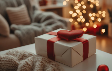 A gift box with a red ribbon and a heart on a white table, a cozy sweater in the background, and blurred, bokeh-like lights. This image represents the concept of Valentine's Day. --ar 47:30 --v 6.1 Job ID: 6bfbe5fa-f71e-4541-8e70-0ba349d6c87aの素材
