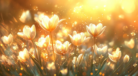 A close-up of white tulips in full bloom, bathed in the golden glow of sunset, their petals shimmering with intricate details and delicate textures. The background is softly blurred to focus on the flowers' vibrant colors against the warm sunlight. --ar 128:71 --v 6.1 Job ID: 1c8d714c-5026-43dd-a519-0d9fe7355f77の素材