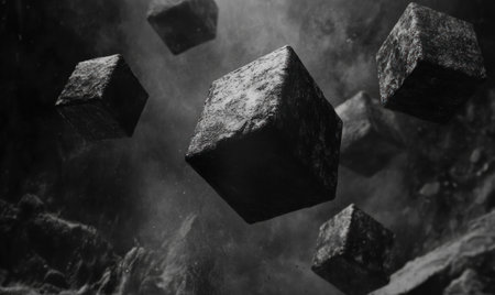 Abstract black background with floating cubes, minimalistic style, monochrome, motion blur effect, 3D rendering, low angle view, high resolution, high detail, high quality. --ar 5:3 --v 6.1 Job ID: 5a85513a-543f-4cef-96a2-f594690b3cceの素材