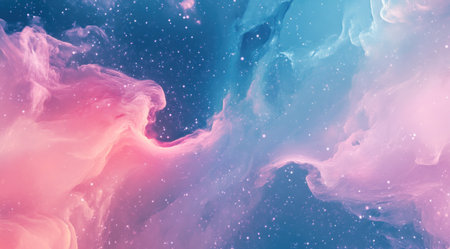 Abstract background with waves of pink and blue colors, a fantasy space sky, glowing stars, soft shapes, and flowing lines. The concept symbolizes creativity, inspiration, a dreamy mood, a fantasy universe, and glowing stars. --ar 128:71 --v 6.1 Job ID: 2a0b08a1-71d2-42b0-bc17-bdb19f61be54の素材