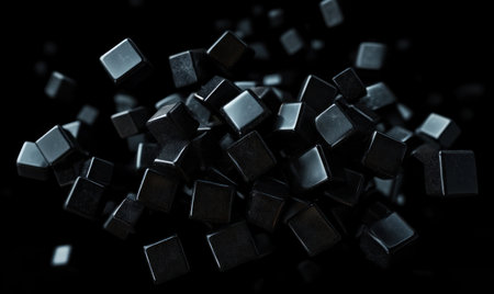 Abstract black background with floating cubes, minimalistic style, monochrome, motion blur effect, 3D rendering, low angle view, high resolution, high detail, high quality. --ar 5:3 --v 6.1 Job ID: 5a85513a-543f-4cef-96a2-f594690b3cceの素材