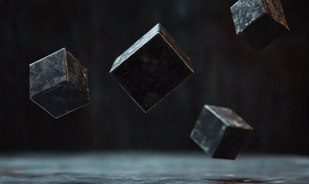 Abstract black background with cubes and geometric shapes, minimalist design, monochrome color scheme, motion blur, 3D rendering, focus on the cube in sharpness and depth of field, no shadows, floating objects. --ar 5:3 --v 6.1 Job ID: fd51ba1b-1c2c-486e-9263-719d1eb185a0の素材