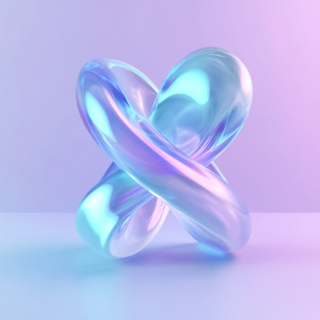 Abstract fluid shape in the form of an X, pastel blue and purple gradient background, 3D render illustration, Cinema 4D, minimalist style, iridescent holographic, smooth and shiny look, no shadows, high resolution, hyper-realistic, super-detailed, sharp focus, flat design, isometric view. --v 6.1 Job ID: ff760319-a764-4889-b3c3-f00dc0b6c0e6の素材