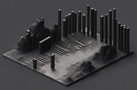 A minimalist composition of black metal elements, including long and short strips of varying heights, arranged in an isometric perspective on the right side of the screen. The background color should be a dark gray to emphasize the metallic texture and depth. High resolution. --ar 23:15 --v 6.1 Job ID: e5588240-e3e0-4b56-a4a7-d9b8260a36b4の素材