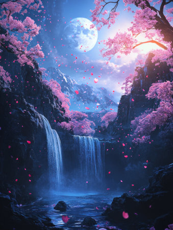 A fantasy world with mountains, rivers, and cherry blossoms floating in the sky, a waterfall pouring down from behind the moon, with pink petals falling on it, creating a dreamy and romantic atmosphere. The artwork is in a digital art style, featuring neon lights and bright colors, with a high resolution and wide-angle lens, resulting in a beautiful scenery. --ar 3:4 --v 6.1 Job ID: 40702b63-fb43-4f14-a3ec-90f3471447e7の素材