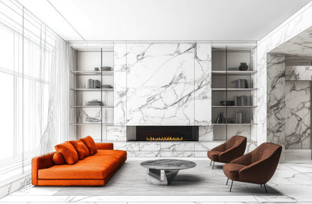 A modern living room with white walls. One wall is covered in marble and has built-in shelves. There's an orange sofa, and on the other side of the room sit two brown armchairs. One corner features a fireplace. A pencil sketch outline drawing with black lines overlaid on top of the photo to show how it will look after being drawn. The interior design style showcases the home decor theme. --ar 23:15 --v 6.1 Job ID: 9d06aebf-5551-4b41-920f-1782f5d72933の素材