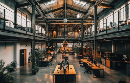 A modern open-space office with high ceilings and an overhead mezzanine, featuring metal beams and concrete floors. The room is filled with desks for work with computers, tables with chairs around them, plants on the walls, industrial pendant lights hanging from the ceiling, modern furniture in a dark gray color, a white wall background, high-resolution photography, high-quality details, hyper-realistic, cinematic lighting, and an ultra-wide-angle lens. --ar 47:30 --v 6.1 Job ID: 3155fa0b-3c20-4315-9982-b1786bc05dc4の素材