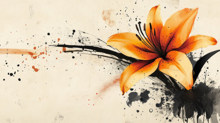 Abstract orange lily flowers background, vector illustration, in the style of Chinese painting, beige background, watercolor, ink wash paintings, hyperrealistic photography, pastel colors, high resolution. --chaos 30 --ar 16:9 --v 6.1 Job ID: 4b7bc0ff-5268-4c80-8acb-651e45267cfbの素材