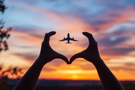 A heart shape made by two hands with an airplane silhouette in the sky at sunset, symbolizing a love for travel and flying. --ar 3:2 --v 6.1 Job ID: eb1e33a1-0d86-4001-bfc8-dfbbd5085781の素材