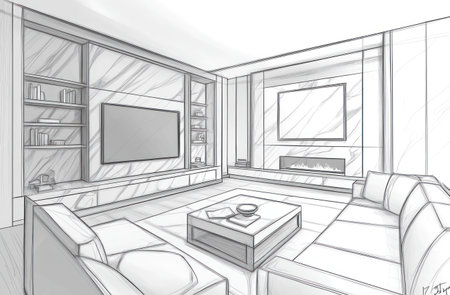 A hand-drawn line drawing of an interior design for a living room, with grey walls and light wood floors. The space is large and has modern furniture. One wall contains built-in shelves and cabinets with some art on it, while the other two walls have flat-screen TVs mounted to them. There are marble features in the background and a fireplace. The lighting in the scene is warm and inviting. The perspective shot shows all three sides of the space. --ar 23:15 --v 6.1 Job ID: 0afd52e2-de88-4101-b3d0-5fdeca7174eeの素材