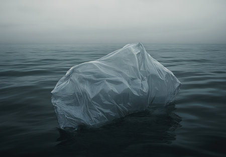 A large plastic bag floating in the ocean, representing marine pollution and sharply focused environmental photography. --ar 43:30 --v 6.1 Job ID: 2ea7cc99-0d30-499a-95ce-1f1b8e937b8bの素材