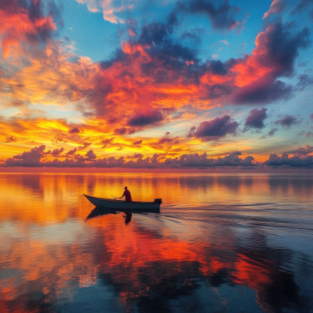 A man in a boat fishing at sunset on the Maldives, a colorful sky, vibrant colors, reflecting water, a peaceful and serene atmosphere, capturing tranquility and nature's beauty. --v 6.1 Job ID: 50db031f-b8f5-4ad4-b59a-0733940fa9ddの素材