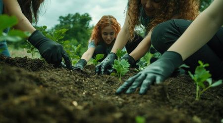 A group of young women planting trees together, their hands in the soil with black gloves, green plants growing out from their hands, smiling faces looking down at the plantings, a natural background with a green, blurred landscape, natural lighting, high-resolution photography, a high-quality photo shoot, and high detail. --ar 128:71 --v 6.1 Job ID: dddab305-41b1-4e23-bbad-639d420d3450の素材