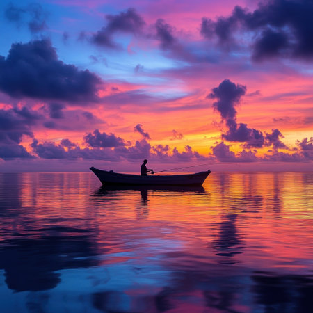 A man in a boat fishing at sunset on the Maldives, a colorful sky, vibrant colors, reflecting water, a peaceful and serene atmosphere, capturing tranquility and nature's beauty. --v 6.1 Job ID: ee4b720e-0b1d-4a0b-a522-ca5257876073の素材