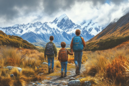 A family hiking in the mountains of New Zealand, showcasing natural beauty and adventure. The children wear backpacks as they walk along an outdoor trail with snow-capped peaks in view. They enjoy exploring nature while learning about science and history on their school trip to "The Cultures and Politics" for more interesting sightseeing adventures in the evening and at sunset. --ar 3:2 --v 6.1 Job ID: 353ed9cc-134c-4b89-9f72-5f461f2fcbf9の素材