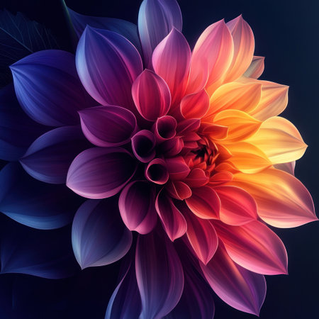 A beautiful, colorful dahlia flower with very long petals that almost touch the bottom of the frame, close-up, dark background, digital art in the style of Alena Aenami and Artgerm, volumetric lighting, vibrant colors, intricate details, hyper-realistic, Octane rendering, photorealism, high resolution. --v 6.1 Job ID: 5d21a832-80ef-4028-b80d-986d40210fd7の素材