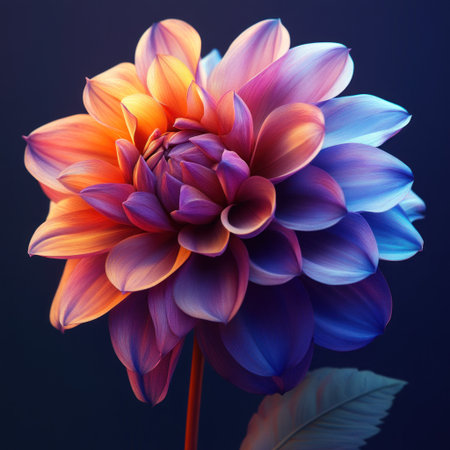 A beautiful, colorful dahlia, hyper-realistic, rendered with Octane, featuring volumetric lighting and a dark background with a gradient of blue, purple, and orange colors. --v 6.1 Job ID: 7d367a31-3409-4bc1-bea8-a142d4ddb7c3の素材