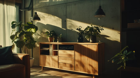A wooden media console with built-in storage space stands against the concrete wall of an industrial-style living room, complemented by pendant lights and green plants in vases on both sides. A brown leather armchair is placed next to it, creating a warm atmosphere with natural light casting soft shadows. The scene exudes simplicity, comfort, and modernity. --chaos 30 --ar 16:9 --v 6.1 Job ID: c36780f7-0281-416f-b653-cb2e563145efの素材