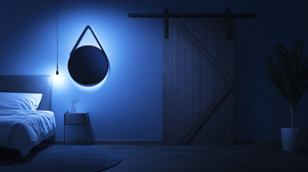 3D rendering of a sliding door in a bedroom with a blue wall and minimal interior design. The focus is on the modern bed, nightstand, and mirror hanging on the wall. Soft lighting creates gentle shadows, adding depth to the scene. Minimalist decor with elegant elements, such as a glass vase for greenery and a white lamp for ambiance. --chaos 30 --ar 16:9 --v 6.1 Job ID: 7856adfb-fccb-4961-970b-48c3c8b782cbの素材