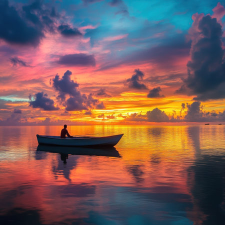 A man in a boat fishing at sunset on the Maldives, a colorful sky, vibrant colors, reflecting water, a peaceful and serene atmosphere, capturing tranquility and nature's beauty. --v 6.1 Job ID: ee4b720e-0b1d-4a0b-a522-ca5257876073の素材