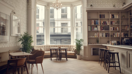 A photo of an apartment in London, with a large bay window featuring white panes and a wooden floor. To the right side of the room, there is a small kitchenette. A dining table with chairs is situated at one end of the room, and bookshelves line the wall. Plants are placed in the corner, and the color scheme is neutral. A ceiling light chandelier illuminates the space, and the white walls feature an intricate wallpaper design behind the sofa. --chaos 30 --ar 16:9 --v 6.1 Job ID: d94c2dc3-9cdd-43eb-a930-ebc1d67942afの素材