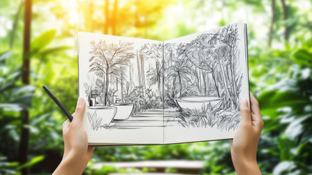 A person holds an open sketchbook with black and white sketches of a modern bathroom interior design, floating in mid-air. The pages show drawings of a double sink and toilet room, with a wooden floor, minimalist style, light tones, white walls, a ceiling with wood beams, and a large window overlooking nature, creating a cozy atmosphere with natural lighting. --chaos 30 --ar 16:9 --v 6.1 Job ID: a3d14db5-c525-4850-b2a9-618c386a042dの素材