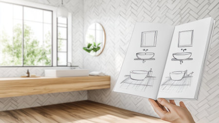 A person holds an open sketchbook with black and white sketches of a modern bathroom interior design, floating in mid-air. The pages show drawings of a double sink and toilet room, with a wooden floor, minimalist style, light tones, white walls, a ceiling with wood beams, and a large window overlooking nature, creating a cozy atmosphere with natural lighting. --chaos 30 --ar 16:9 --v 6.1 Job ID: a3d14db5-c525-4850-b2a9-618c386a042dの素材