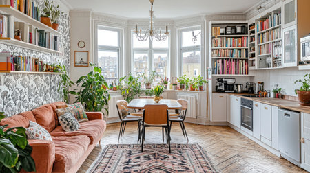 A photo of an apartment in London, with a large bay window featuring white panes and a wooden floor. To the right side of the room, there is a small kitchenette. A dining table with chairs is situated at one end of the room, and bookshelves line the wall. Plants are placed in the corner, and the color scheme is neutral. A ceiling light chandelier illuminates the space, and the white walls feature an intricate wallpaper design behind the sofa. --chaos 30 --ar 16:9 --v 6.1 Job ID: d94c2dc3-9cdd-43eb-a930-ebc1d67942afの素材