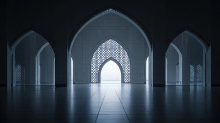 A photograph of an Islamic archway with intricate patterns glowing in the dark, leading to another room. The light from outside is shining through and illuminating it. There's no one around, creating an eerie feeling. Captured using a Fujifilm GFX 50S for its high resolution and sharpness. --chaos 30 --ar 16:9 --v 6.1 Job ID: 15331f2d-b0bf-4c28-8073-8baef2a7afa2の素材