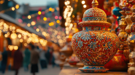 A photo of an ornate lantern glowing with warm light, on the background a blurry array of colorful lights, a Ramadan concept. --chaos 30 --ar 16:9 --v 6.1 Job ID: b70539d0-46d1-40f9-8163-fd4d0a9c531aの素材