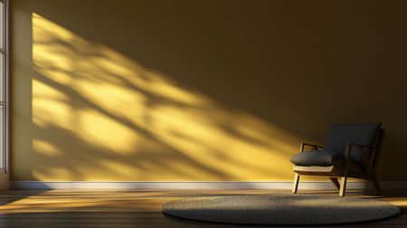 A warm, earthy brown wall background with a single armchair and round rug placed in the foreground, creating an inviting atmosphere for product display mockups or digital art. The soft lighting accentuates the textures of the furniture against the solid color backdrop, providing a simple yet elegant space to showcase products. --chaos 30 --ar 16:9 --v 6.1 Job ID: 3da3c24b-848d-4e6a-a379-7966dfa77609の素材