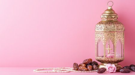 A Ramadan lantern, dates, and a rosary on the table with a pink background. --chaos 30 --ar 16:9 --v 6.1 Job ID: edc9c83d-e5ce-49c6-a425-69c40401d212の素材