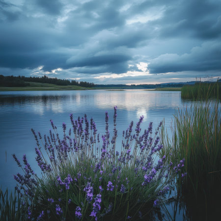 Realistic photograph of lavender flowers growing on the shore, lavender grasses in the water, a lake with a cloudy sky, the reflection of clouds and purple flowers in the calm waters, a natural landscape, nature photography, wide angle, in the style of Canon EOS R5. --v 6.1 Job ID: 28031134-6613-42d7-8db3-f5351cc9f988の素材