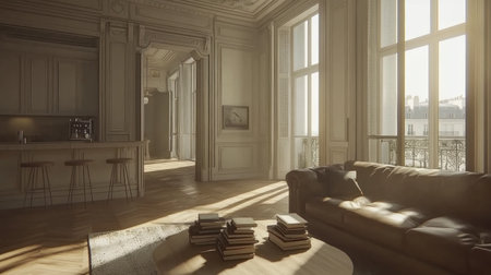 A white and light gray industrial-style living room with an open kitchen, featuring large windows for natural lighting, a leather sofa, coffee table, two bar stools, a stack of books on the floor, white walls, wooden floors, a coffee machine, and a small rug in neutral tones. --chaos 30 --ar 16:9 --v 6.1 Job ID: f81a059b-68f0-4afb-8041-bbebe25cab6fの素材