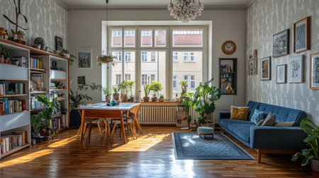 A photo of an apartment in London: white walls with beautiful wallpaper, a wooden floor, a bright living room with a large bay window, a dining table and chairs, bookshelves, a blue sofa, plants, and a modern chandelier. The image is clean and shot from a wide angle. --chaos 30 --ar 16:9 --v 6.1 Job ID: 281c7a39-f666-4888-8d47-1e4f2c352b44の素材
