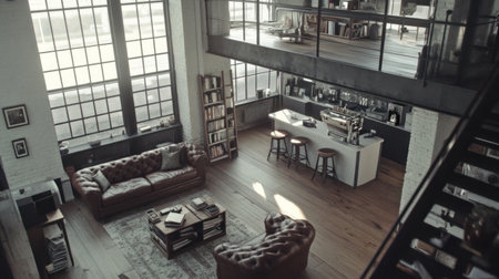 A white and light gray industrial-style living room with an open kitchen, featuring large windows for natural lighting, a leather sofa, coffee table, two bar stools, a stack of books on the floor, white walls, wooden floors, a coffee machine, and a small rug in neutral tones. --chaos 30 --ar 16:9 --v 6.1 Job ID: f81a059b-68f0-4afb-8041-bbebe25cab6fの素材