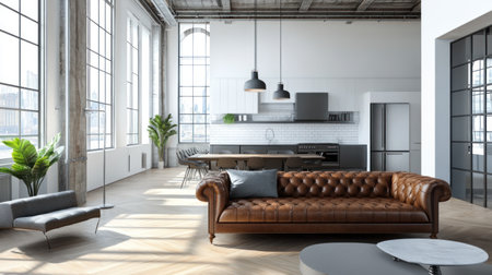 A spacious living room with white walls, large windows, and wooden flooring. The sofa is brown leather with gray cushions. There's an open kitchen in the background featuring black appliances and stainless steel cabinets. A coffee table sits between two armchairs decorated with potted plants. On one side of the wall, pendant lights hang over dining tables. This is a high-quality rendering with attention to detail. --chaos 30 --ar 16:9 --v 6.1 Job ID: 6cb21af1-adb4-4a16-990f-8447ef2d9ac4の素材