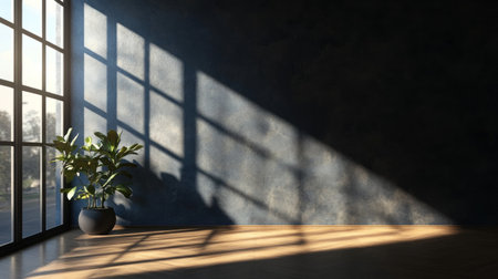 A black wall in an empty room with a wooden floor, a mockup for an interior design presentation, a template background. Minimalist modern home decor, 3D rendering. A stock photo with space to add text. --chaos 30 --ar 16:9 --v 6.1 Job ID: c715b4ec-8877-49df-a246-6aec313c34e6の素材