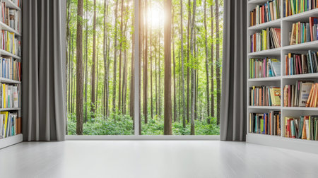 A photograph of a large white wall with a window, grey curtains on the left side. This is an interior design photograph with a minimalistic style. The floor is white, and the room is filled with bright light from the windows. There is a bookshelf on the right-hand side, and trees can be seen outside the window. This is a modern home decor scene with an empty space in the center of the picture, suitable for high-resolution display. --chaos 30 --ar 16:9 --v 6.1 Job ID: 85279b04-46b9-4c5f-b1e1-ad376dae7467の素材