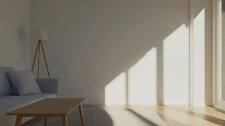 A simple and elegant scene with a light blue sofa, a wooden coffee table on the left side of the couch, a floor lamp standing at one end of it, a carpet underfoot, a blank white wall in the background, natural lighting, a photorealistic style, high resolution, and a modern interior design. --chaos 30 --ar 16:9 --v 6.1 Job ID: eb0c42c1-9b30-4ce4-8485-46a613e46c94の素材