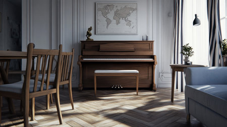 A Scandinavian living room with herringbone parquet floor, white walls and an upright piano in the corner of one wall. The space is bright, airy and minimalistic. There's a comfortable light blue sofa facing two wooden chairs around table on another side. A black-and-white map hangs above it. On top of the piano sits a small bronze sculpture. Next to that thereâs a vintage coffee table adorned with potted plants and striped curtains. Minimalist interior design photography. --chaos 30 --ar 16:9 --v 6.1 Job ID: fb571ae7-3956-42d6-af1d-5a6352a1901eの素材