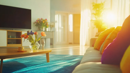 A modern living room in a small apartment, with white walls, a wooden floor, and a blue-grey carpet on the ground. A sofa with colorful cushions sits near a TV stand and a wooden coffee table. A glass cabinet, filled with vases of flowers, is visible, and a door to the kitchen can be seen behind it. The atmosphere is cozy, and the room is filled with bright light from the window. --chaos 30 --ar 16:9 --v 6.1 Job ID: 9a79d802-c208-4cb0-8f84-335424057621の素材